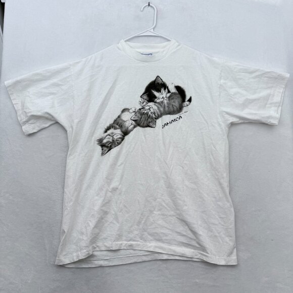 Vintage Cat T Shirt Men XL White Virginia Miller Art Jamaica Single Stitched 90s - Picture 1 of 8